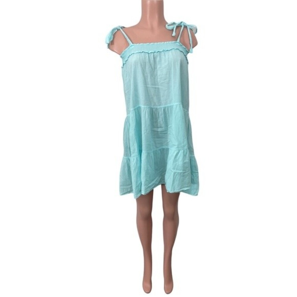 NWT Seaspice Sleeveless Tie Strap Tiered Gauze‎ Turquoise Mini Dress Size SMALL